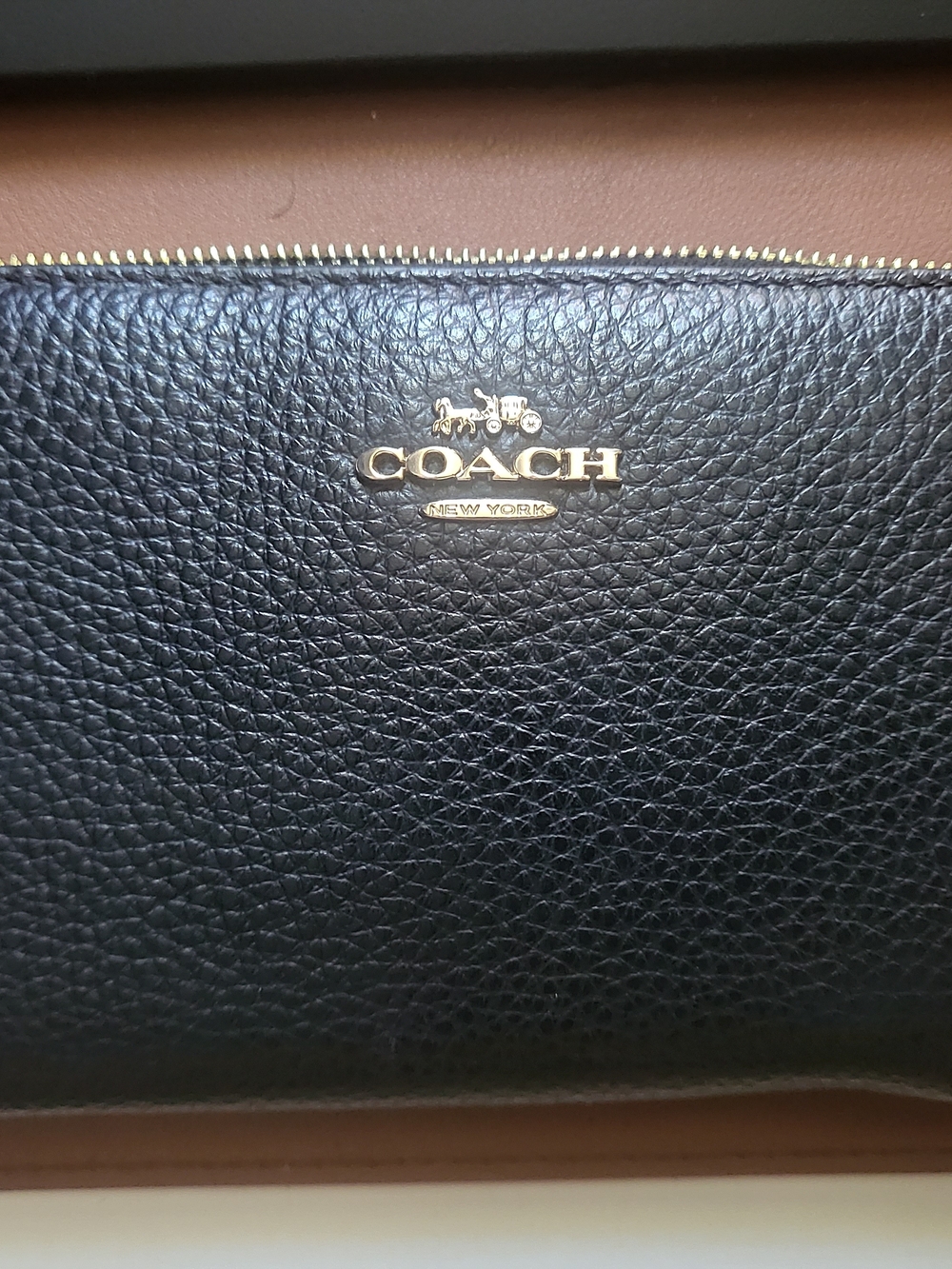 Coach Black Pebbled Leather Zip Wallet with Gold Logo